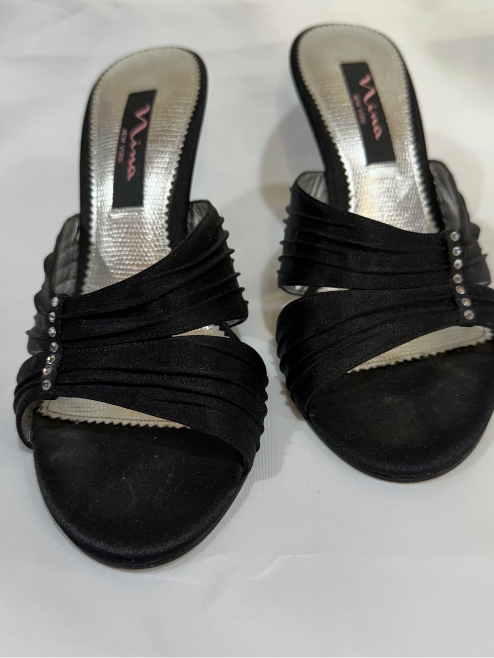 Nina Black Slide Heels with Rhinestone Accent 6 1/2 M